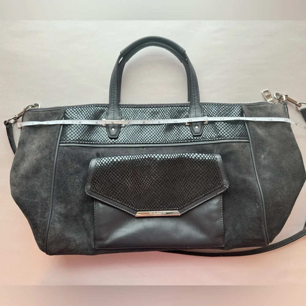 Coach Mixed‑Material Tote — Suede & Embossed Leather — Black/Grey